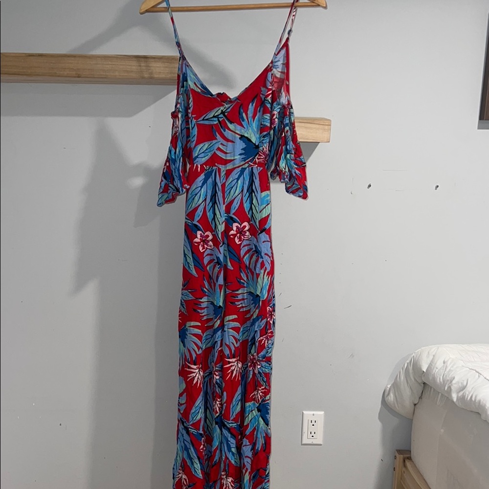 Fashion nova Tropical Red‎ jumpsuit with Blue Leaf Print